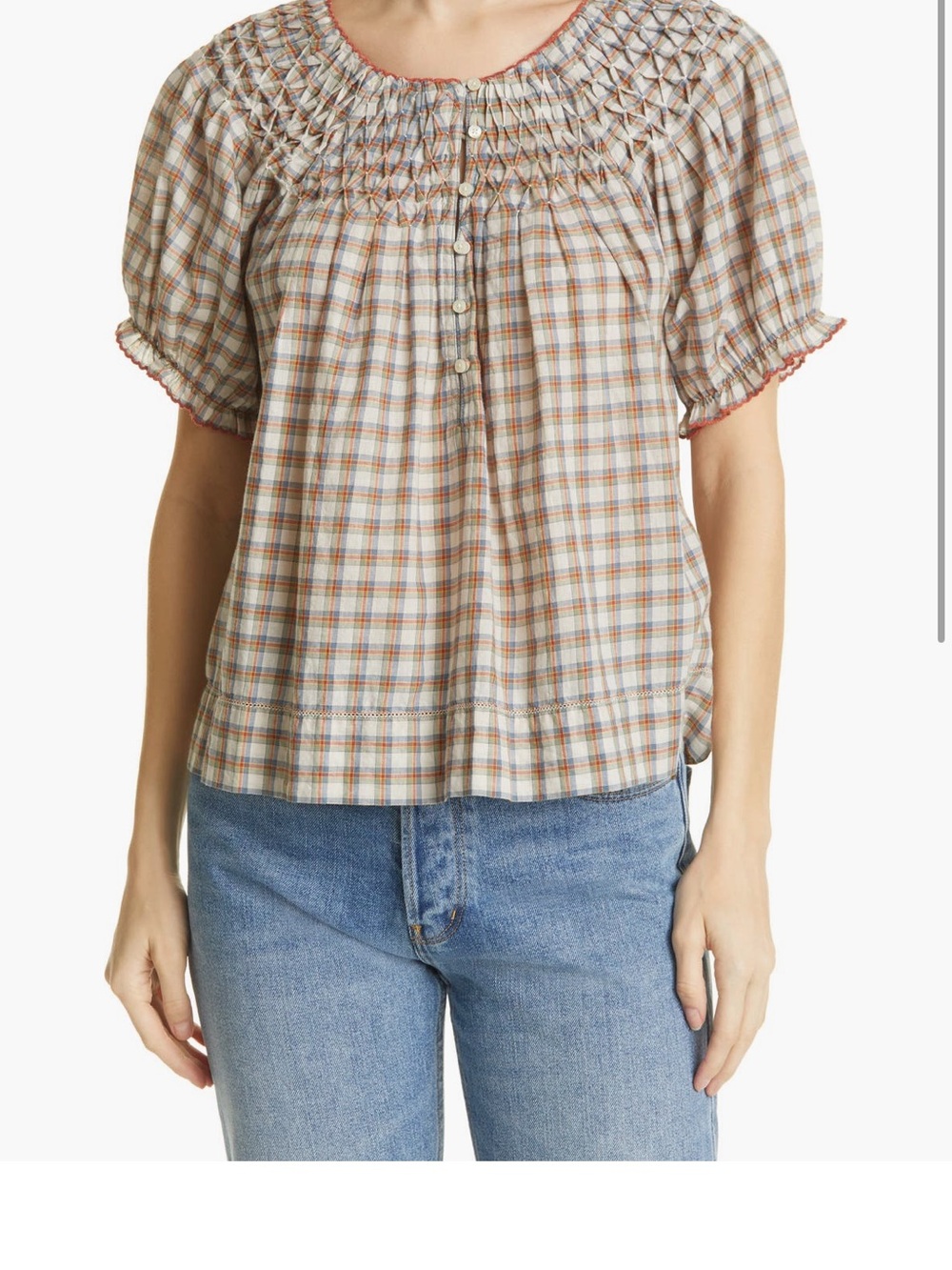 THE GREAT. Plaid Smocked Peasant Top in Beige, Brown and Cream